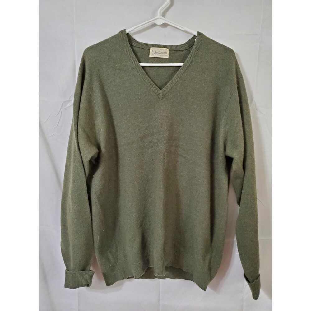 Lyle & Scott Vintage Cashmere V-neck Sweater Olive Green Men's Large Scotland